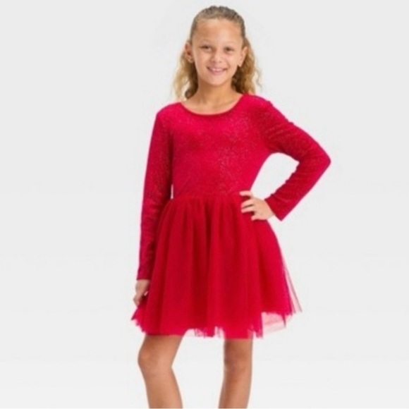 Target Other - Cat & Jack Girls Red Velvet & Tulle Dress - Size XL (14) Plus